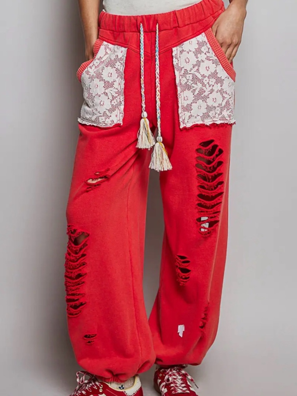 NEW POL ARRIVAL 5/4: Red Distressed Lace-Pocket Drawstring Joggers